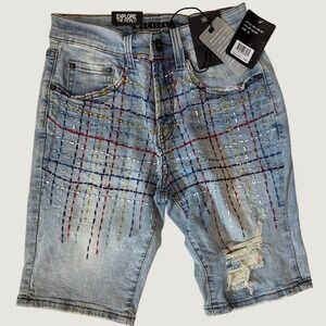 Decibel Embroidered Distressed Denim Shorts Indigo Blue DEC-WB-384 Size 28 NWT